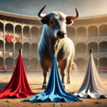 Calm bull in an arena with red, blue, and white capes, debunking the myth that bulls react to the color red.