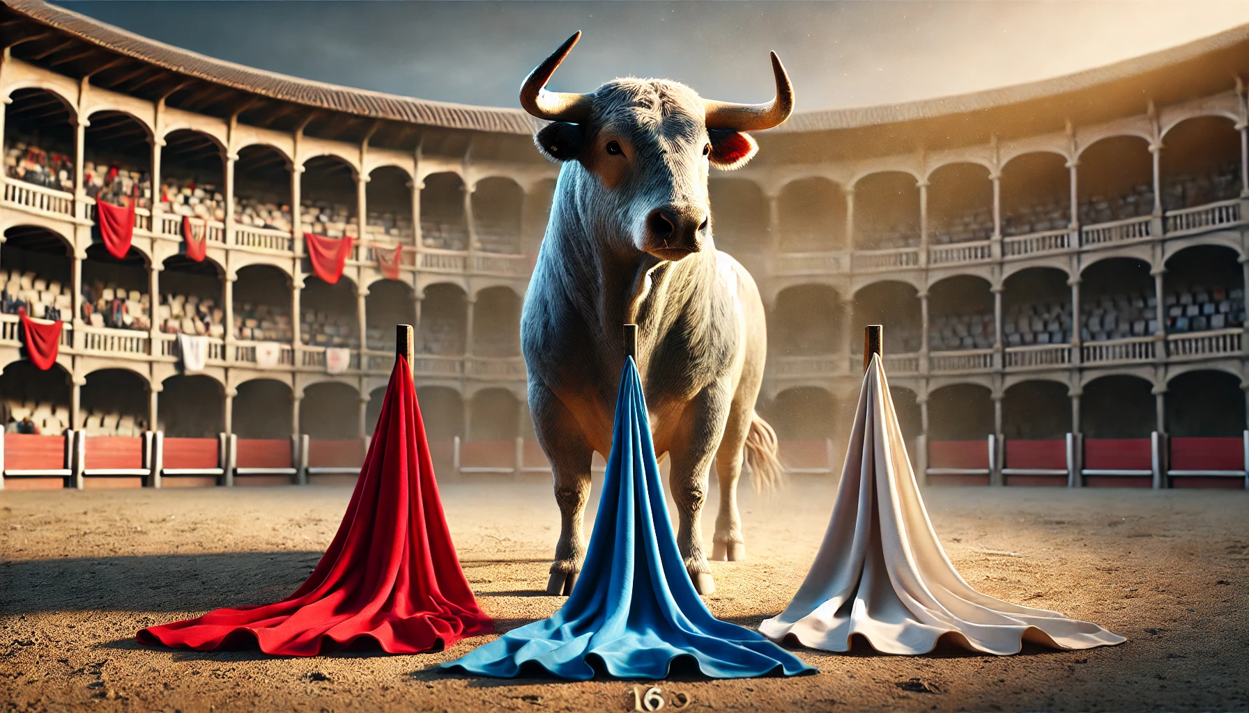 Calm bull in an arena with red, blue, and white capes, debunking the myth that bulls react to the color red.